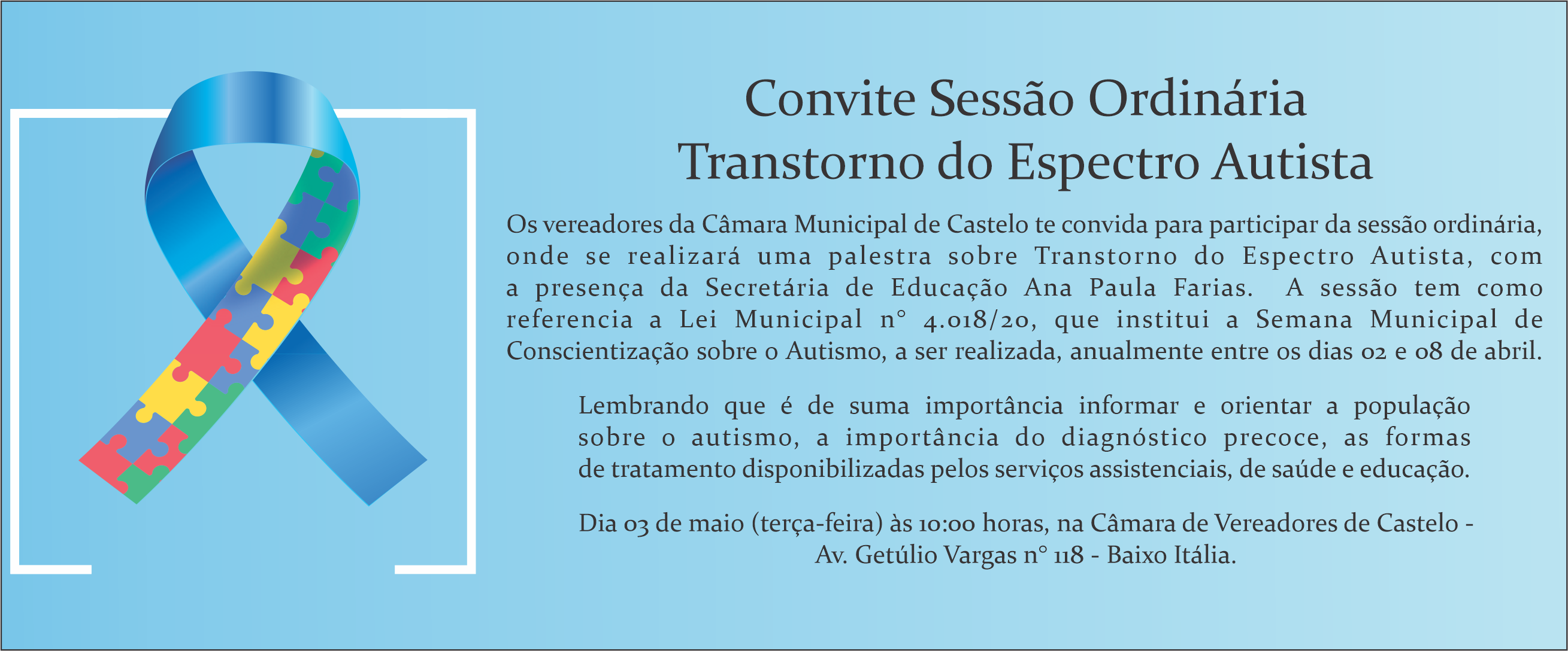 Convite para Sessão Ordinária - Transtorno de Espectro Autista